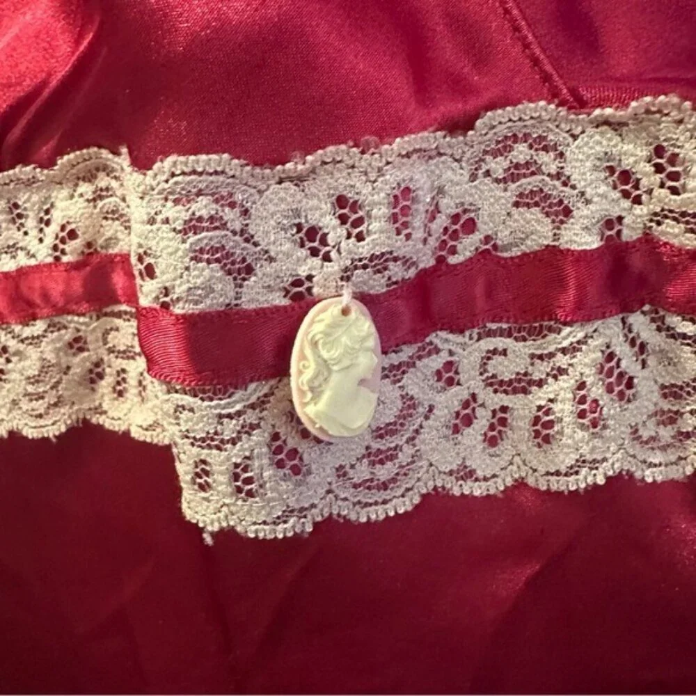 VTG 90s Regency-core Satin Slip Dress Burgundy Babydoll Lace Cameo XL Romantic